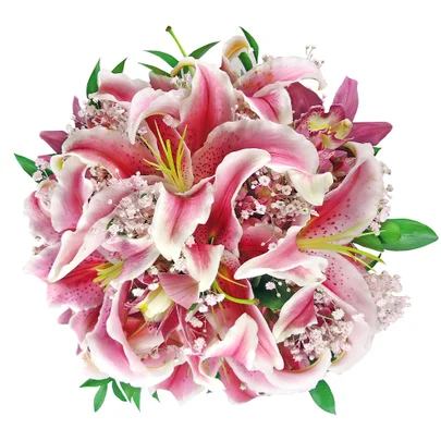 Buquê de Noiva com Lírios Cor de Rosa e Gypsophilas 1